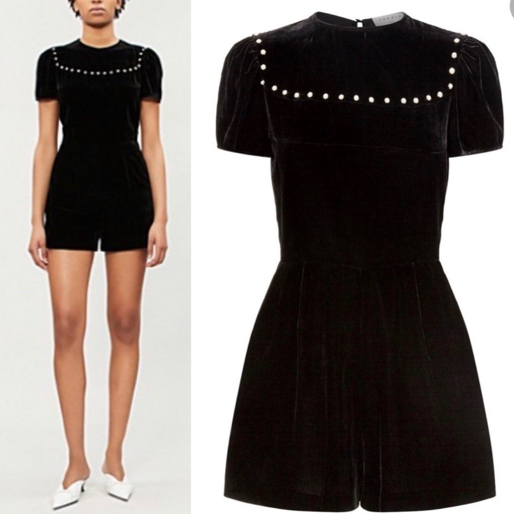 Sandro Paris Black Velvet Pearl Studded Tie Back Romper Size 36 NEW